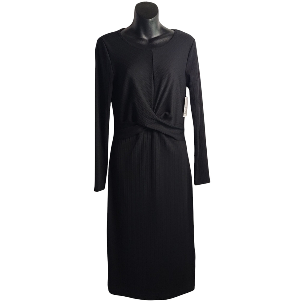 Nine West Dress Womens S  Black Midi Twist Front Side Slits Long Sleeve Sz S NWT